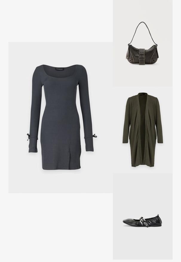 Olivenfarvet åben cardigan med lange ærmer, lavet af et blødt, let materiale, med en draperet front og uden lukninger.; Langærmet ribbestrikket kjole i mørkegrå, med firkantet udskæring og slidser i siden. Knyttede detaljer på ærmerne tilføjer designet lidt ekstra.; Sorte læder flade sko med spids tå, samling detaljer omkring åbningen, og en sølv spænde accent på den justerbare rem.; Sort læder skuldertaske med spænde på remmen, afrundede kanter og kontrasterende hvide syninger på en ensfarvet baggrund.