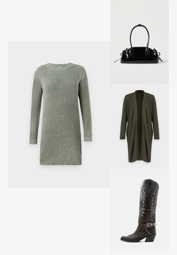 Olijfgroen open cardigan met lange mouwen, gemaakt van een zachte, lichte stof, met een gedrapeerde voorkant en zonder sluitingen.; Chunky gebreide trui-jurk in zacht saliegroen, met een ronde halslijn, lange mouwen en geribde manchetten en zoom voor extra textuur.; Zwarte leren cowboylaars met decoratieve uitsnijdingen, zilveren gesp en schuine hak, weergegeven op een witte achtergrond.; Kleine zwarte glanzende handtas met twee lange hengsels en zijkant trekkoord details op een effen lichte achtergrond.