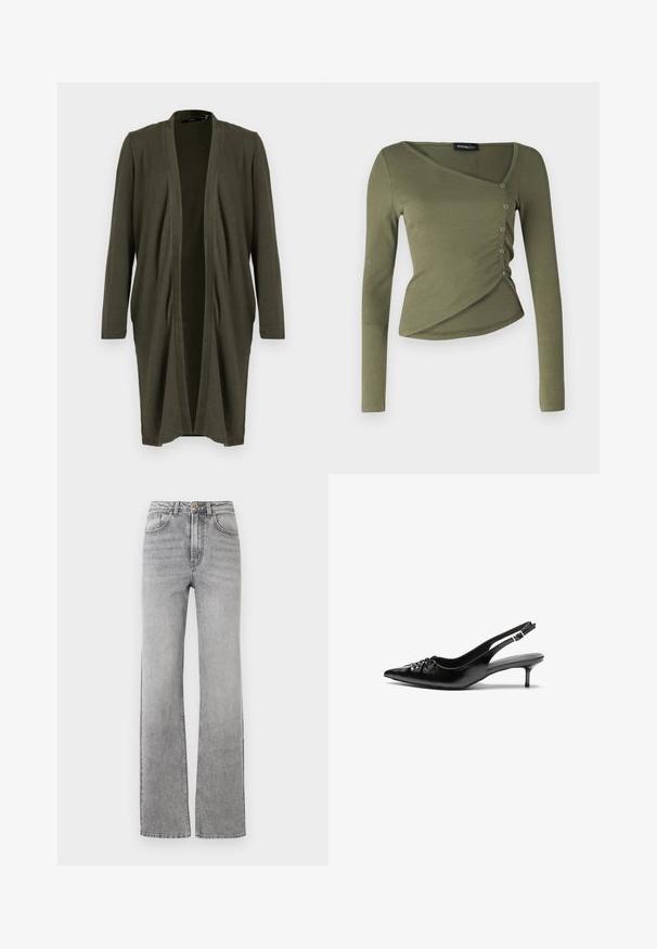 Olivenfarvet åben cardigan med lange ærmer, lavet af et blødt, let materiale, med en draperet front og uden lukninger.; Langærmet, olivengrøn top i ribbet stof. Har et draperet design med V-hals og sidelukninger langs den overlappende kant.; Slidsegrå denimjeans med lige ben, knap- og lynlåsclosure, frontlommer og bæltestropper på en hvid baggrund.; Sorte læder slingback-pumps med spids tå, lav kitten-hæl og rynket detalje på overdelen. Glat tekstur og minimalistisk design.