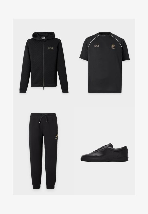 Μαύρο φούτερ με φερμουάρ και το λογότυπο EA7 Emporio Armani στο στήθος, μακριά μανίκια και κουκούλα, εμφανίζεται μπροστά σε απλό ανοιχτό φόντο.; Μαύρο αθλητικό κοντομάνικο μπλουζάκι με λευκή ρίγα στους ώμους και χρυσά λογότυπα EA7 Emporio Armani και Milano Italia στο στήθος.; Μαύρο παντελόνι jogger με ελαστική μέση και κορδόνι, γυρισμένους αστραγάλους και μικρό χρυσό λογότυπο "A|X Armani Exchange" στο δεξί μηρό.; Μαύρο δερμάτινο αθλητικό παπούτσι χαμηλού ύψους με κορδόνια και επίπεδη λαστιχένια σόλα, εμφανίζεται από το πλάι σε απλό λευκό φόντο.