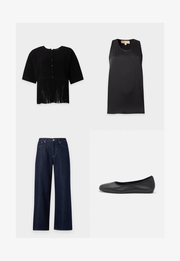 Blouse noire à manches courtes avec texture côtelée verticale, col rond, boutons devant et longue frange à l’ourlet. Aucun objet visible en arrière-plan.; Débardeur noir sans manches avec encolure ronde, présenté à plat sur un fond gris clair.; Jean large en denim bleu foncé avec bouton frontal, fermeture à glissière, passants pour ceinture, et coutures visibles jaunes sur les poches et les coutures.; Ballerines en cuir noir avec un bout rond, texture lisse, détails de couture minimalistes et design de semelle flexible.