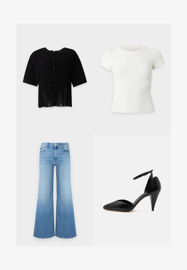 Blouse noire à manches courtes avec texture côtelée verticale, col rond, boutons devant et longue frange à l’ourlet. Aucun objet visible en arrière-plan.; T-shirt court blanc côtelé à manches courtes avec col rond sur fond uni.; Jean en denim clair avec une coupe évasée, taille haute, deux poches avant et un ourlet brut en bas.; Escarpin en cuir noir à bout pointu avec bride à la cheville et talon conique sur fond blanc.