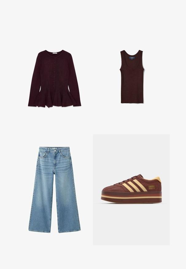 Gilet en tricot bordeaux à longues manches, col rond et fermeture à cinq boutons. Présente un ourlet évasé à la taille.; Débardeur sans manches marron foncé en maille côtelée avec encolure dégagée et étiquette de marque OVS à l’intérieur du col.; Jean denim bleu clair à jambes larges avec des détails en clous métalliques le long des poches avant et des coutures extérieures.; Sneakers en daim marron avec des accents jaunes, comportant trois bandes latérales, une semelle épaisse et un détail de logo doré.