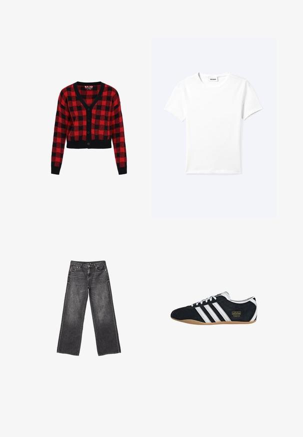 Cardigan à carreaux rouges et noirs avec un col en V, fermeture à boutons et manches longues. Fabriqué en tricot texturé, design court.; T-shirt blanc uni à manches courtes et col rond avec une petite étiquette "WEEKDAY" à l'intérieur de l'encolure, présenté à plat sur un fond clair.; Jean en denim gris foncé à jambes larges avec poches avant et arrière, fermeture à bouton et dégradé subtil.; Sneakers en suede noir avec trois bandes blanches, logo doré et semelle en caoutchouc marron. Présente un design à lacets à profil bas.