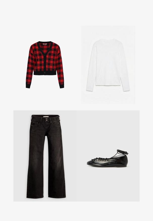 Rood en zwart geblokte cardigan met een v-hals, knoopsluiting en lange mouwen. Gemaakt van gestructureerd breimateriaal, cropped ontwerp.; Effen wit, langarmig shirt met ronde hals, plat neerligt op een witte ondergrond, waarbij de voorkant en de volledige mouwlengte zichtbaar zijn.; Zwarte wijde jeans met een licht vervaagde afwerking, voorzien van voorzakken, een ritssluiting en een knoopsluiting. Gemaakt van denim stof.; Zwarte ballerina's van lakleer met een afgeronde neus, veterdesign en een platte zool. Glad oppervlak met minimale details.