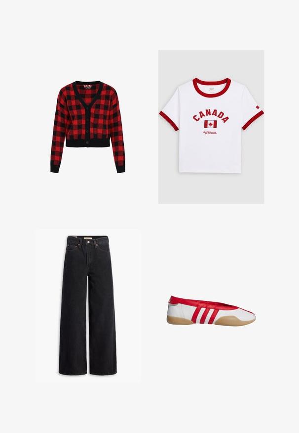 Rød- og sortternet cardigan med v-hals, knaplukning og lange ærmer. Lavet af tekstureret strikmateriale, cropped design.; Hvid kortærmet skjorte med rød kant, "CANADA" tekst, canadisk flag og "Levi Strauss California" logo foran.; Sorte brede benjeans lavet af denim, med fem lommer, kobbernitter og en klassisk knaplukning. Glat tekstur med et rent design.; Rød og hvid flad sko med rund tå, lavet af glat syntetisk materiale. Har tre røde striber og en tanfarvet gummisål.