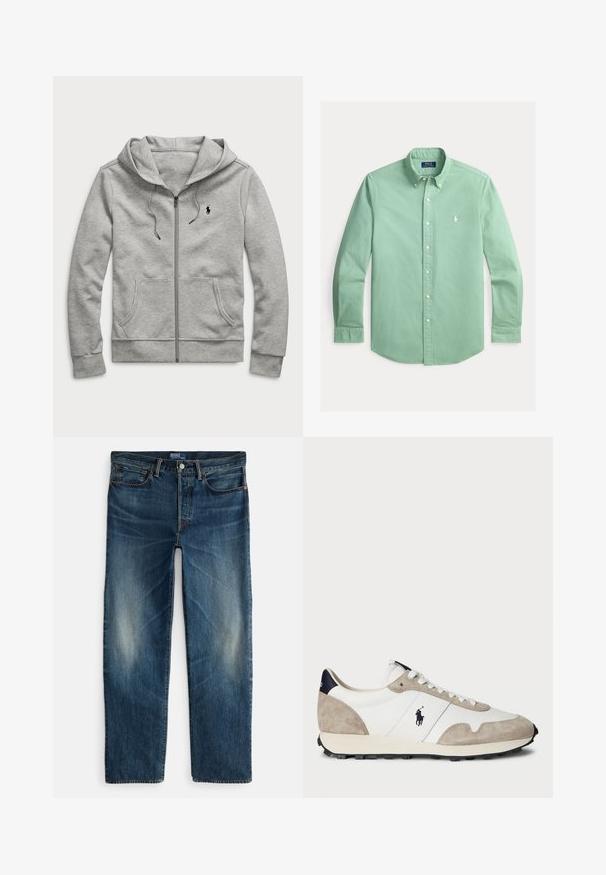 Lichtgrijze zip-up hoodie met een voorzak, trekkoorden en een klein zwart logo op de borst. Gemaakt van zacht, gestructureerd materiaal.; Mintgroene blouse met lange mouwen, knoopsluiting, een knoopkraag en wit geborduurd logo op de linkerborst.; Indigoblauwe denim jeans met een rechte pijp, vijfzakkenmodel en subtiele vervaging op de dijen. Voorzien van een metalen knoop en ritssluiting.; Witte en beige suede sneaker met zwarte rubberen zool en Polo-logo op de zijkant, gezien van de buitenkant tegen een witte achtergrond.