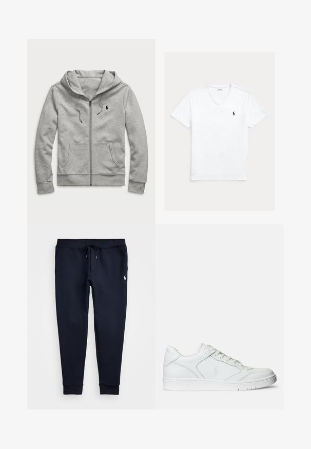 Sudadera con capucha y cremallera en gris claro, con bolsillos delanteros, capucha con cordón y pequeño logo negro en el pecho izquierdo.; Camiseta blanca de manga corta con cuello en V y pequeño logo de Polo Ralph Lauren en azul marino en el lado izquierdo del pecho, mostrada extendida sobre un fondo claro.; Pantalones jogger azul marino con cintura ajustable con cordón, bolsillos laterales, tobillos con puños y pequeño logo blanco de caballo en el muslo derecho.; Zapatilla de cuero blanca con textura suave, que presenta una puntera perforada, cierre de cordones y logo bordado en el lateral. Suela de goma blanca.
