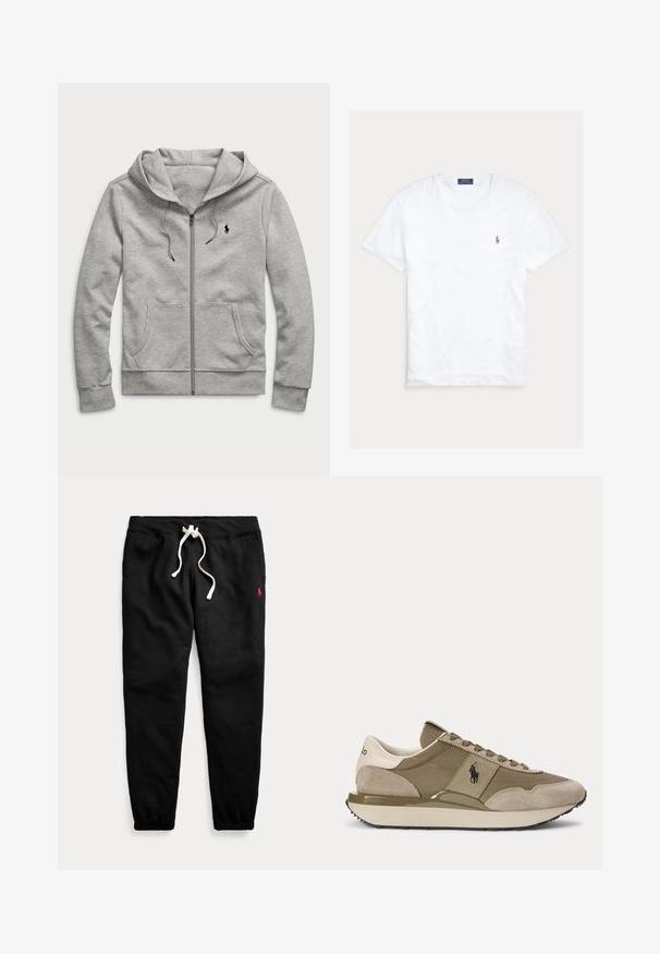 Lysegrå hættetrøje med lynlås, forlommer, snøre i hætten og lille sort logo på venstre bryst.; Hvid T-shirt med rund hals og korte ærmer med lille broderet Polo Ralph Lauren-logo på venstre bryst og blå mærkeetiket indvendigt i kraven.; Sorte joggingbukser med hvid snøre, elastiske manchetter, sidelommer og lille rødt logo på venstre lår.; Sidevisning af beige og brun sneaker med ruskindsdetaljer og Polo-logo på siden mod en ensfarvet baggrund.
