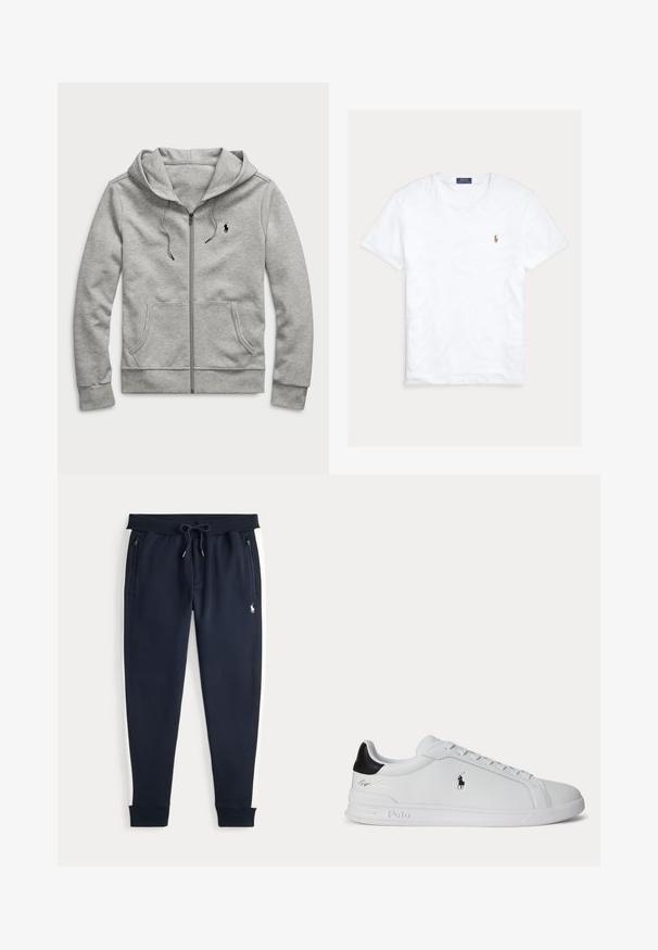 Sudadera con capucha y cremallera en gris claro, con bolsillos delanteros, capucha con cordón y pequeño logo negro en el pecho izquierdo.; Camiseta blanca de manga corta y cuello redondo con pequeño logo bordado de Polo Ralph Lauren en el pecho izquierdo y etiqueta azul de la marca en el interior del cuello.; Pantalones jogger de color azul marino con rayas laterales blancas, bolsillos con cremallera, cintura ajustable con cordón y pequeño logo blanco en el muslo derecho.; Zapatilla blanca de corte bajo con lengüeta trasera negra, cordones y logo de Polo Ralph Lauren en el lateral, con detalles en relieve en la suela.