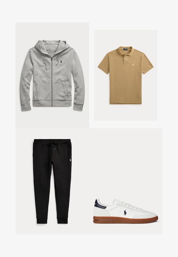 Lichtgrijze hoodie met ritssluiting, voorzakken, trekkoord in de capuchon en klein zwart logo op de linkerborst.; Beige polo met korte mouwen, kraag, twee knoopsluiting en klein wit geborduurd Polo Ralph Lauren-logo op de linkerborst.; Zwarte joggerbroek met omgeslagen enkels, taille met trekkoord, zijzakken en klein wit polo-spelerlogo op de rechterdij.; Witte lage sneaker met bruine zool, zwarte hielpatch, geborduurd logo van een polo-speler en witte veters.