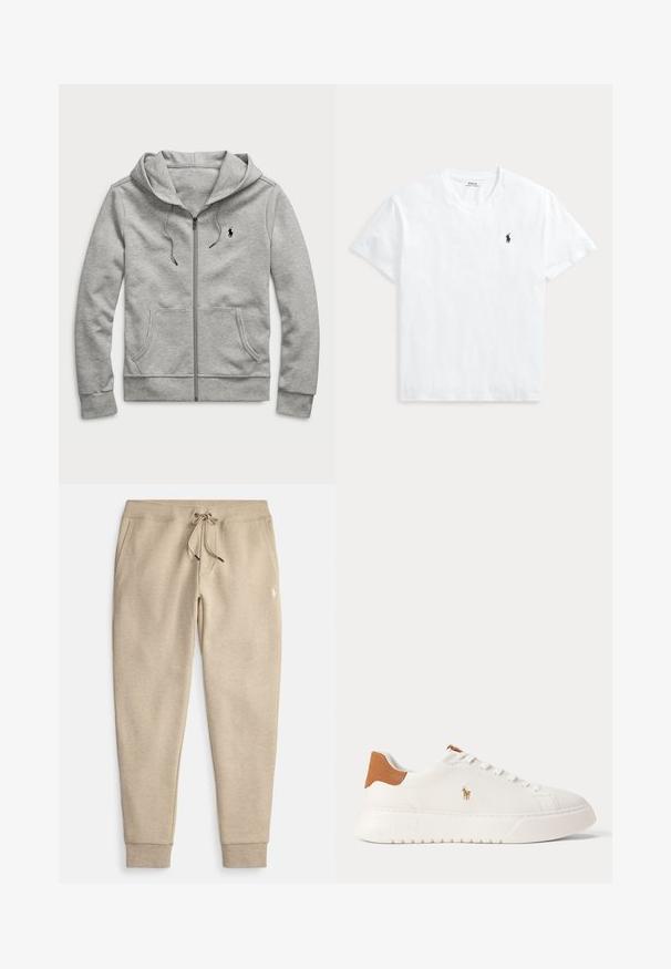 Lysegrå hættetrøje med lynlås, forlommer, snøre i hætten og lille sort logo på venstre bryst.; Hvid T-shirt med V-hals og korte ærmer med lille navyblåt Polo Ralph Lauren hestelogo på venstre bryst.; Beige joggingbukser lavet af blødt stof med snøre i taljen, sidelommer og ribkantede ærmegab. Har et lille logo på låret.; Hvid lavtop sneaker med tan hælfane, hvide snørebånd og lille broderet polo-spiller logo på siden over en tyk sål.