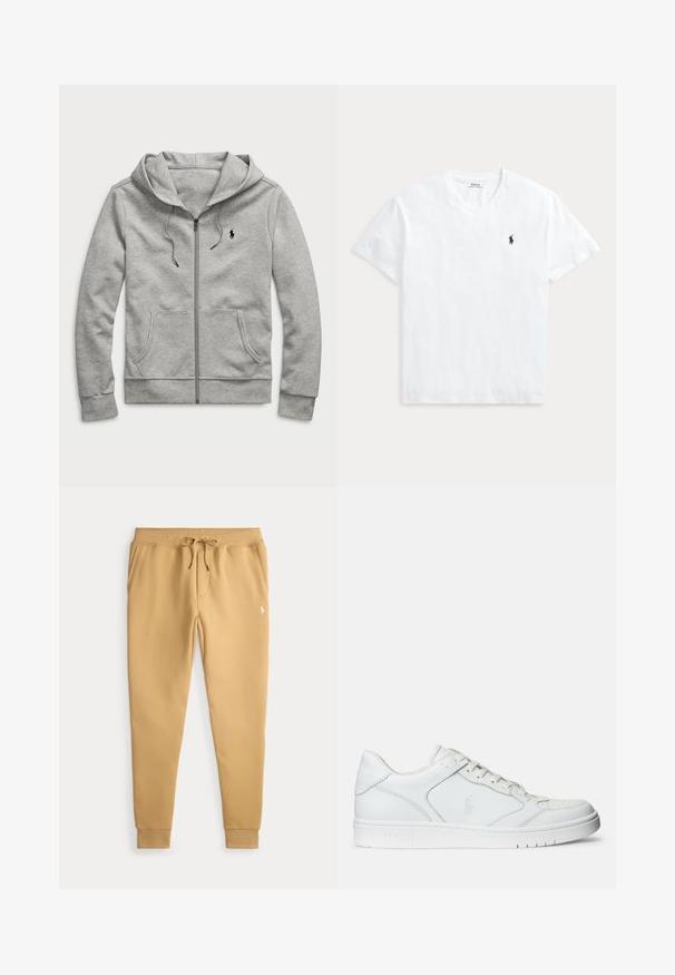 Lysegrå hættetrøje med lynlås, forlommer, snøre i hætten og lille sort logo på venstre bryst.; Hvid T-shirt med V-hals og korte ærmer med lille navyblåt Polo Ralph Lauren hestelogo på venstre bryst.; Beige joggerbukser med snor i taljen, sidelommer, ribbede afslutninger og et lille hvidt logo på højre lår.; Hvide lædersneakers med en glat tekstur, der har en perforeret tå, snørebåndslukning og broderet logo på siden. Hvid gummisål.