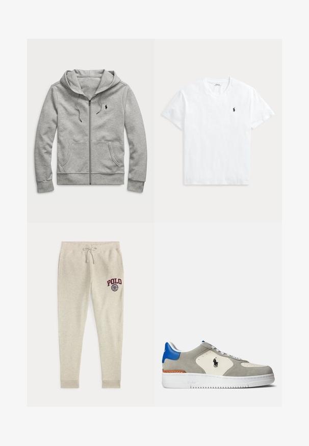 Sudadera con capucha y cremallera en gris claro, con bolsillos delanteros, capucha con cordón y pequeño logo negro en el pecho izquierdo.; Camiseta blanca de manga corta con escote en V y pequeño logo de caballo Polo Ralph Lauren en azul marino en el pecho izquierdo.; Pantalones deportivos beige con cordón, bolsillos laterales y logo y emblema rojo "POLO" en la parte superior del muslo izquierdo.; Zapatillas de ante gris y cuero blanco con acentos azules, que presentan un logo, cordones blancos y una suela de goma texturizada.