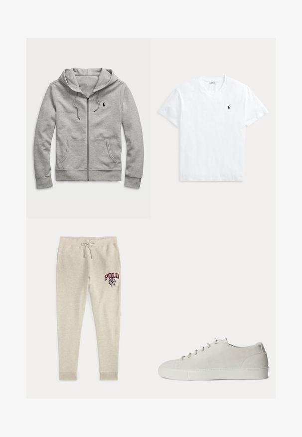 Sudadera con capucha y cremallera en gris claro, con bolsillos delanteros, capucha con cordón y pequeño logo negro en el pecho izquierdo.; Camiseta blanca de manga corta con escote en V y pequeño logo de caballo Polo Ralph Lauren en azul marino en el pecho izquierdo.; Pantalones deportivos beige con cordón, bolsillos laterales y logo y emblema rojo "POLO" en la parte superior del muslo izquierdo.; Zapatilla blanca de ante bajo con cordones delanteros y suela de goma, diseño minimalista.