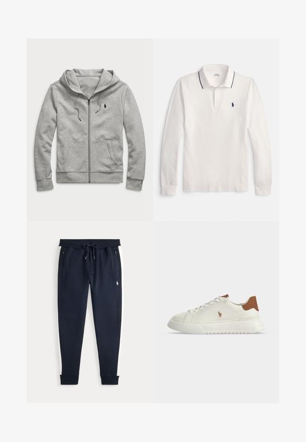 Sudadera con capucha y cremallera en gris claro, con bolsillos delanteros, capucha con cordón y pequeño logo negro en el pecho izquierdo.; Polo blanco de manga larga con ribete negro en el cuello y pequeño logo negro bordado en el pecho izquierdo.; Pantalones jogger de color azul marino con rayas laterales blancas, bolsillos con cremallera, cintura ajustable con cordón y pequeño logo blanco en el muslo derecho.; Zapatilla blanca de corte bajo con lengüeta marrón en el talón, cierre de cordones en la parte delantera, suela gruesa y pequeño logo bordado de un caballo en el lateral.