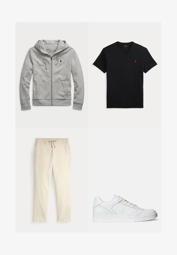 Lysegrå hættetrøje med lynlås, forlommer, snøre i hætten og lille sort logo på venstre bryst.; Sort V-hals T-shirt med korte ærmer og et lille rødt Polo Ralph Lauren-logo på venstre bryst.; Off-white afslappede bukser med elastisk talje og snor, lige ben og sidelommer mod en ensfarvet baggrund.; Hvide lædersneakers med en glat tekstur, der har en perforeret tå, snørebåndslukning og broderet logo på siden. Hvid gummisål.