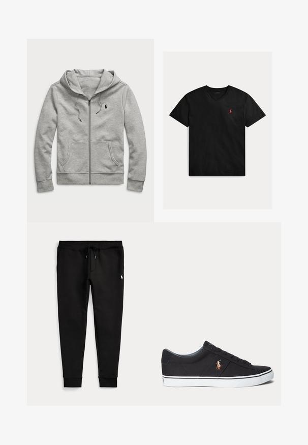 Sudadera con capucha y cremallera en gris claro, con bolsillos delanteros, capucha con cordón y pequeño logo negro en el pecho izquierdo.; Camiseta de algodón negra con cuello en v, mangas cortas y un pequeño logo rojo en el pecho izquierdo. Textura suave y diseño casual.; Pantalones jogger negros con tobillos con puños, cintura con cordón, bolsillos laterales y pequeño logo blanco de jugador de polo en el muslo derecho.; Zapatilla deportiva negra de corte bajo con suela blanca y logotipo cosido de jugador de polo en el lateral, con cierre de cordones y parte superior de tela texturizada.