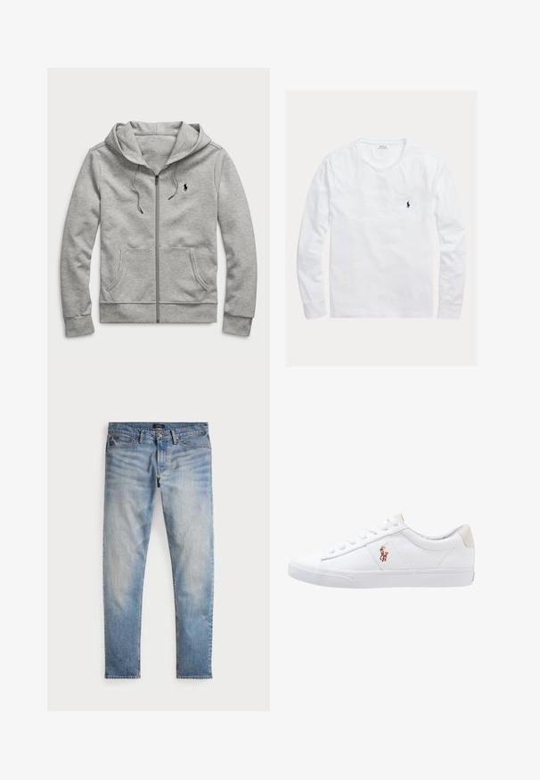 Lichtgrijze hoodie met ritssluiting, voorzakken, trekkoord in de capuchon en klein zwart logo op de linkerborst.; Wit shirt met lange mouwen en ronde hals, met klein donkerblauw Polo Ralph Lauren-logo geborduurd op de linkerborst.; Lichtblauwe denim jeans met een vervaagde afwerking, vijfzakkenontwerp en contrasterende stiksels. Heeft een ritssluiting en riemlussen. Rechte snit.; Witte canvas sneakers met een laag ontwerp, featuring een beige hieltab en een klein geborduurd logo aan de zijkant. Rubber zool.