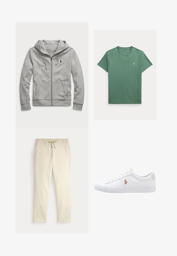 Sudadera con capucha y cremallera en gris claro, con bolsillos delanteros, capucha con cordón y pequeño logo negro en el pecho izquierdo.; Camiseta verde de cuello redondo y manga corta con pequeño logo Polo Ralph Lauren bordado en amarillo en el pecho izquierdo.; Pantalones casuales color blanco roto con cinturilla elástica y cordón, piernas rectas y bolsillos laterales sobre un fondo liso.; Zapatilla de lona blanca con diseño de corte bajo, que cuenta con un taco trasero beige y un pequeño logo bordado en el costado. Suela de goma.