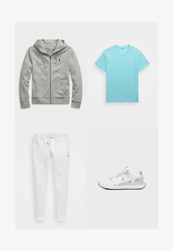 Sudadera con capucha y cremallera en gris claro, con bolsillos delanteros, capucha con cordón y pequeño logo negro en el pecho izquierdo.; Camiseta de algodón azul cielo con mangas cortas, cuello redondo y un pequeño logo bordado amarillo en el lado izquierdo del pecho. Textura suave, diseño casual.; Pantalones de chándal blancos fabricados con un tejido suave, con cintura elástica ajustable, bolsillos laterales y puños acanalados. Pequeño logotipo en el muslo.; Zapatilla baja blanca y plateada con paneles de malla y cuero, cierre de cordones, suela negra texturizada y sutil logo de la marca en el lateral.