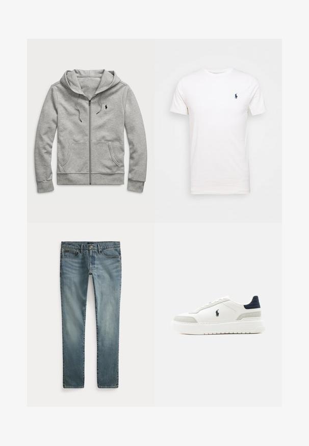 Sudadera con cremallera en un gris claro, con un bolsillo delantero, cordones y un pequeño logo negro en el pecho. Está hecha de una tela suave y texturizada.; Camiseta de algodón blanca con cuello redondo. Presenta un pequeño logo azul oscuro en el lado izquierdo del pecho. Mangas cortas, textura suave.; Pantalones vaqueros de mezclilla azul de pierna recta con bolsillos delanteros, trabillas para cinturón y cierre de botón.; Zapatilla blanca de corte bajo con lengüeta trasera negra, detalles en ante gris, suela gruesa y logo Polo negro en el lateral exterior.