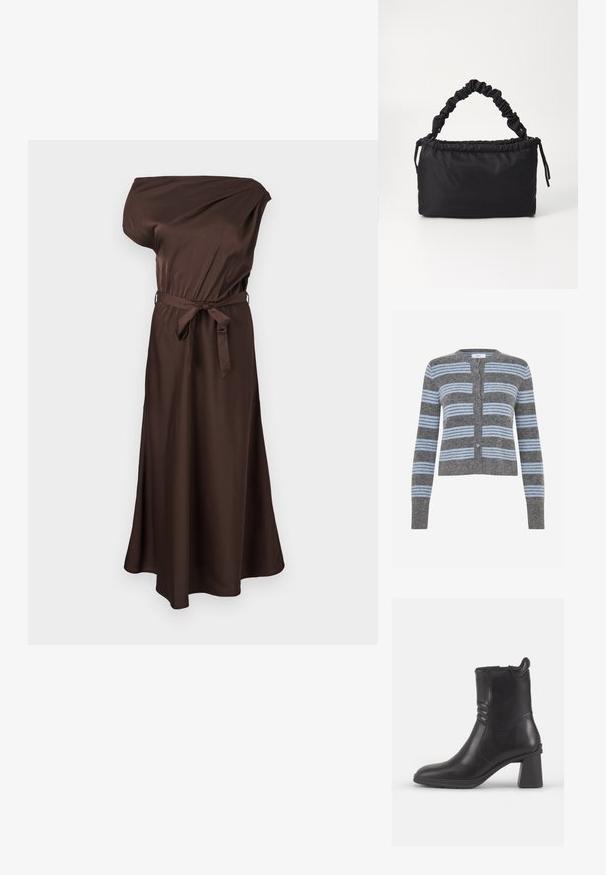 Cardigan gris avec des rayures horizontales bleues, col rond, manches longues, et six boutons violets sur le devant. Texture douce, coupe courte.; Robe midi en satin marron à une épaule avec ceinture à la taille et légère évasement à l'ourlet.; Bottine en cuir noir avec un bout rond, des panneaux latéraux texturés et un talon épais. Fini lisse et design minimaliste.; Sac noir en tissu doux et lisse. Présente une anse froncée et un système de fermeture à cordon, avec une forme rectangulaire et aucun matériel visible.