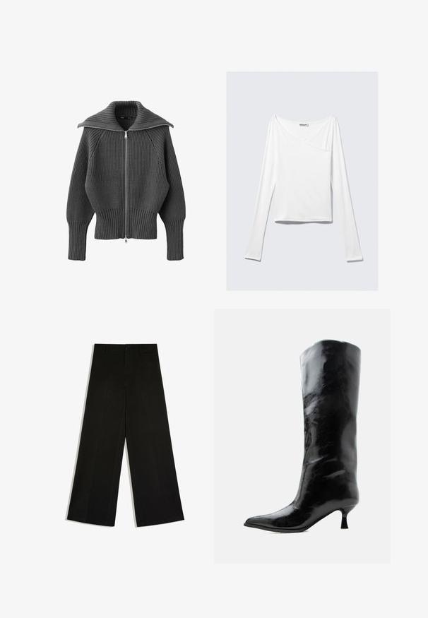 Pull en maille côtelée gris foncé avec fermeture éclair, large col plié et manches longues ajustées.; Haut blanc à manches longues avec un design croisé et une poche. Fabriqué dans un tissu lisse et extensible. Coupé dans une coupe décontractée et ample.; Pantalon noir à jambes larges avec passants de ceinture, fermeture devant par bouton et zip, posé à plat sur fond blanc.; Botte en cuir noire brillante, haute jusqu'au genou, avec bout pointu et talon bas courbé sur un fond clair uni.