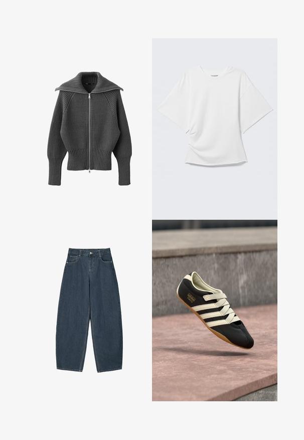 Pull en maille côtelée gris foncé avec fermeture éclair, large col plié et manches longues ajustées.; T-shirt blanc oversize à manches courtes avec col rond présenté sur un fond gris clair.; Jeans en denim bleu foncé à jambes larges avec une taille haute, dotés de cinq poches et de détails de couture visibles. Design épuré et minimal.; Chaussure de sport noire avec des rayures et des lacets crème, présentant un profil bas, une texture lisse et une semelle en caoutchouc pour une bonne adhérence. Étiquette de la marque visible.