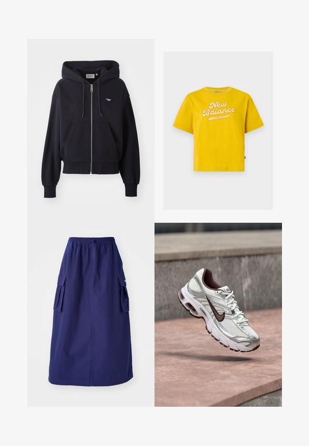 Mørkeblå hættejakke med lynlås lavet af blødt stof, med en kængurulomme, ribbede manchetter og et lille hjerteformet logo på brystet.; Gul kortærmet bomulds T-shirt med et stort, lyse farvet "New Balance" logo og en buet understregningsdetalje.; Marineblå, mellemlang nederdel med elastisk talje, der har to sidelommer og et minimalistisk logodesign. Glat stofstruktur.; Hvid og sølv Nike løbesko med sort swoosh-logo ophængt over en betonoverflade udendørs.
