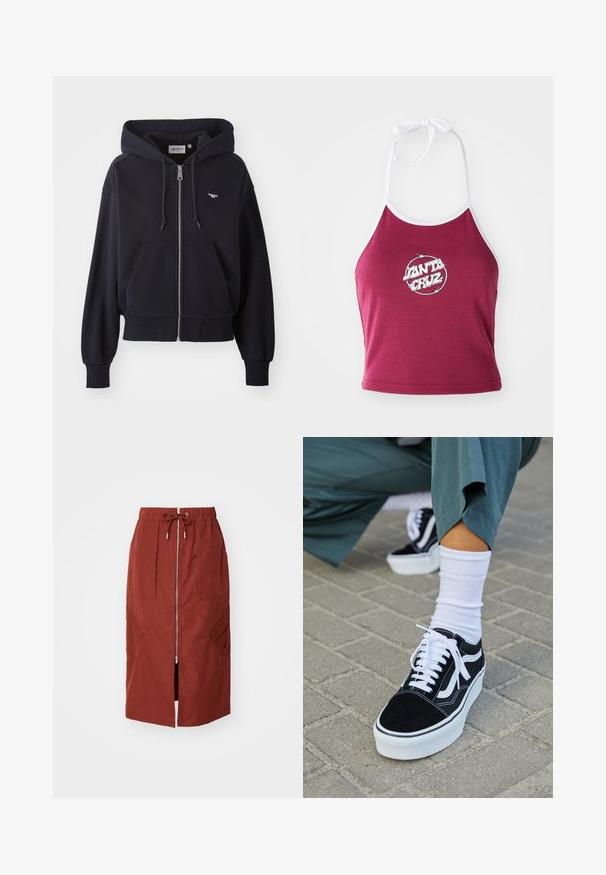 Navy sininen vetoketjullinen huppari, joka on valmistettu pehmeästä kankaasta. Siinä on kengurupocket, resorit käärmeissä ja pieni sydämen muotoinen logo rinnassa.; Maroon helmet-korv-toppi valkoisella reunalla, jossa on pyöreä logo, jossa lukee "Santa Cruz" valkoisena, valmistettu ribattoon puuvillasta.; Keski-pitkä hame terrakottapunaisena, jossa on etuvetoketju, joustava vyötärönyöri ja sivutaskut, joihin on painettu geometrinen kuvio.; Mustat mokkakengät valkoisilla yksityiskohdilla ja nauhoilla, joissa on paksu valkoinen pohja ja kontrastivärinen ommel, yhdistettynä valkoiseen sukkaan.