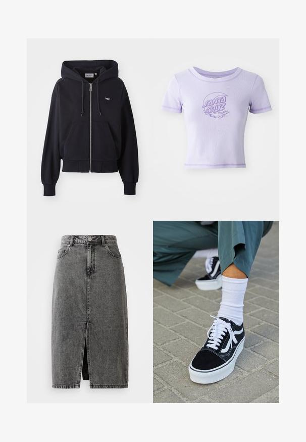 Mørkeblå hættejakke med lynlås lavet af blødt stof, med en kængurulomme, ribbede manchetter og et lille hjerteformet logo på brystet.; Lilla tætsiddende T-shirt med korte ærmer, rund halsudskæring og kontrastsyet. Har et "SANTA CRUZ" grafisk design foran.; Højtaljet, falmet sort denim midi-nederdel med en frontslids, bæltesløjfer og klassisk fem-lomme design.; Sorte ruskinds sneakers med hvide accenter og snørebånd, der har en tyk hvid sål og kontrasterende syninger, parret med en hvid sok.