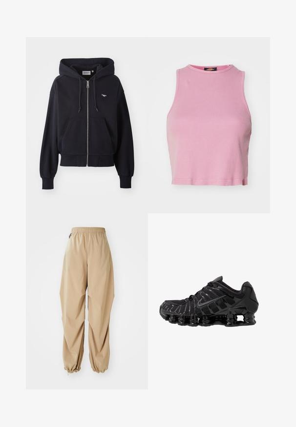 Mørkeblå hættejakke med lynlås lavet af blødt stof, med en kængurulomme, ribbede manchetter og et lille hjerteformet logo på brystet.; Rosa ribbet crop top med rund halsudskæring og ærmeløs design. Har en kant, der slutter lige over taljen.; Beige letvægtsbukser med elastisk talje, tapered manchetter og en glat tekstur, der har en afslappet pasform og ingen synlige mønstre eller udsmykninger.; Sort atletisk sko med mesh-overdel og glatte overlays. Har buet spiralbøsningsdæmpning og strukturerede linjer på siden. Nike-logoet er synligt.