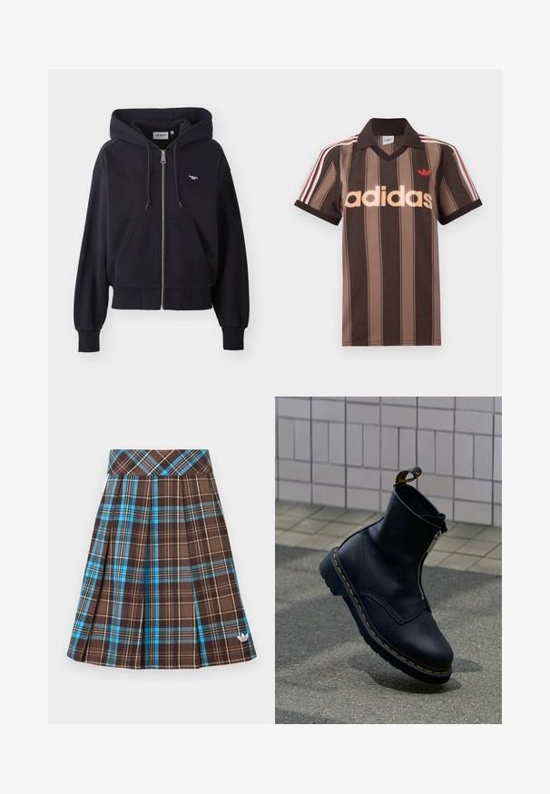 Navy sininen vetoketjullinen huppari, joka on valmistettu pehmeästä kankaasta. Siinä on kengurupocket, resorit käärmeissä ja pieni sydämen muotoinen logo rinnassa.; Ruskearaidallinen Adidas-pikeepaita, jossa on V-aukko, viininpunainen kaulus ja punainen logo. Paidassa on valkoiset ja punaiset olkapääraidat sekä lyhyet hihat.; Ruskea ruutukuvioinen hame, jossa siniset ja beiget yksityiskohdat. Hameessa on laskokset ja kirjailtu logo helmassa. Valmistettu teksturoidusta kankaasta.; Musta nahkainen nilkkuri, jossa sivuvetoketju, teksturoitu pinta, keltainen ommelkoriste ja kumipohja.