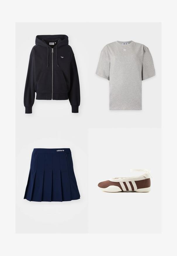 Mørkeblå hættejakke med lynlås lavet af blødt stof, med en kængurulomme, ribbede manchetter og et lille hjerteformet logo på brystet.; Lysegrå Adidas T-shirt med korte ærmer, rund hals og lille hvid Adidas-logo på brystet, vist på en ensfarvet baggrund.; Marineblå plisseret nederdel lavet af letvægtsstof; har en elastisk talje og en lille lynlås-lomme, med et hvidt Adidas-logo på forsiden.; Brun og hvid balletflad sko med tre hvide striber og ankelbånds sløjfe på en ensartet lys baggrund.