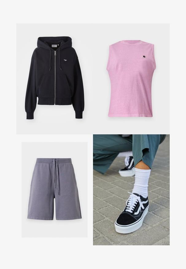 Mørkeblå hættejakke med lynlås lavet af blødt stof, med en kængurulomme, ribbede manchetter og et lille hjerteformet logo på brystet.; Ærmeløs lyse lilla t-shirt med rund hals og Carhartt-logo på øverste venstre bryst, vist på en ensfarvet baggrund.; Grå afslappede shorts med elastisk taljebånd og snøre, med sidelommer og lige kant, vist mod en hvid baggrund.; Sorte ruskinds sneakers med hvide accenter og snørebånd, der har en tyk hvid sål og kontrasterende syninger, parret med en hvid sok.
