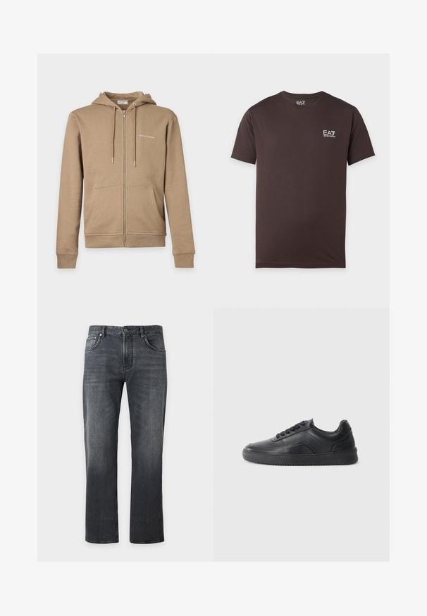 Beige zip-up hoodie with front pockets, drawstring hood, and small white "Tiger of Sweden" text on the left chest.; Dark brown short-sleeve t-shirt with round neck and small white EA7 Emporio Armani logo on the left chest.; Black straight-leg jeans with front button and zipper closure, five-pocket design, and subtle fading details.; Black leather sneaker with a smooth finish, rounded toe, textured side panel, and black laces. Features a flat rubber sole and minimal design.