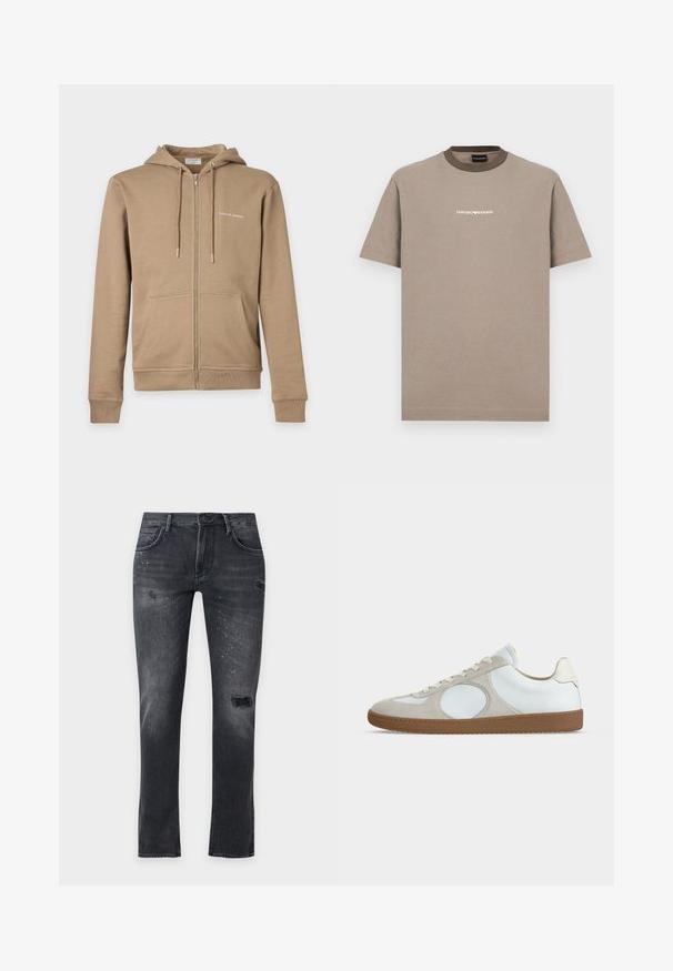 Beige zip-up hoodie with front pockets, drawstring hood, and small white "Tiger of Sweden" text on the left chest.; Brown cotton t-shirt with short sleeves and a round collar. Features a contrasting dark brown collar and white "EMPORIO ARMANI" logo.; Black slim-fit jeans with distressed holes and white paint splatter details, featuring front and back pockets and belt loops.; Low-profile casual sneaker with white leather upper, light beige suede accents, round toe, white laces, and gum rubber sole.
