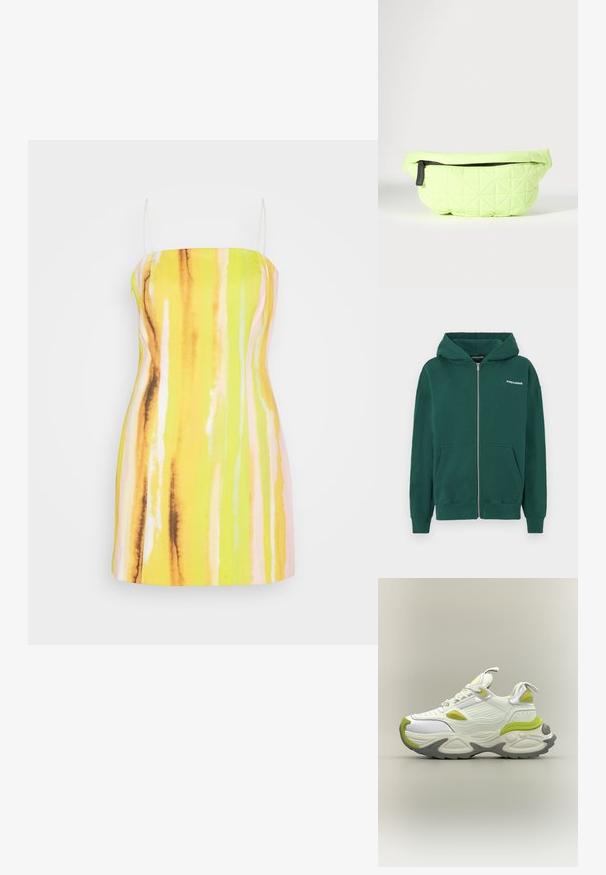 Roheline tõmblukugeel, mis on valmistatud pehmest kangast, varustatud kapuutsiga, ees on taskud ja vasakul rinnal on väike valge logo.; Mossman SUNDREAM MINI DRESS - Kokteilikleit/peokleit - multi-coloured; Valged ja heledrohelised robustsed tossud paksu tallaga, ees paelad, keele ja kanna peal tõmblukuga sangad, esitatud neutraalsel taustal.; Valgeroheline tikitud kangast vöökott musta tõmbluku ja tõmbenupuga, esitatud neutraalsel taustal.