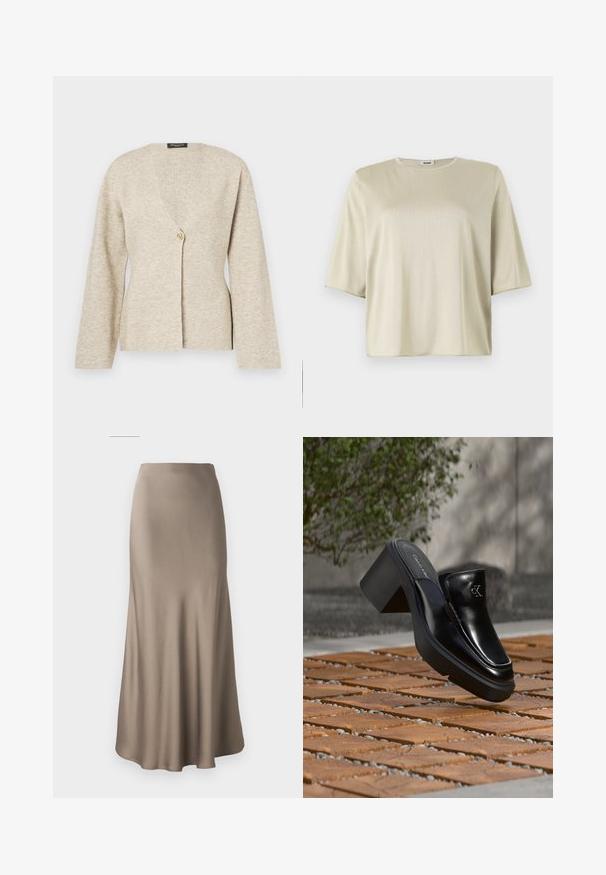 Cardigan beige en tissu tricoté doux, avec un décolleté en V, des manches longues et une seule fermeture à bouton en or à l'avant.; T-shirt à manches courtes, loose fit en beige clair, avec un col rond et une texture douce, fabriqué à partir d'un matériau léger et lisse.; Jupe longue en satin marron avec une texture lisse, présentant une silhouette fluide et un ourlet légèrement évasé. Aucun matériel visible ni motifs.; Mule slip-on en cuir noir Calvin Klein avec talon bloc reposant sur des carreaux en bois à l'extérieur près d'une plante verte et d'un mur gris.