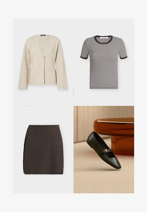 Cardigan beige en tissu tricoté doux, avec un décolleté en V, des manches longues et une seule fermeture à bouton en or à l'avant.; T-shirt à manches courtes rayé noir et blanc horizontal avec col et poignets côtelés noirs, posé à plat sur un fond clair.; Jupe trapèze marron foncé longueur genou avec texture lisse et fermeture éclair latérale sur fond clair uni.; Chaussure plate en cuir noir avec bout pointu et logo CK doré sur la bride, posée sur un tapis beige près d'une table ronde couleur ambre brun.