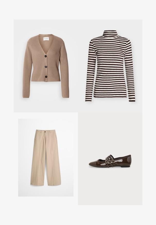 Cardigan beige à côtes, à manches longues, en V, avec trois boutons noirs à l'avant. Texture douce et design court.; Chemise à manches longues et col roulé avec des rayures horizontales noires et blanches, présentée à plat sur un fond clair.; Pantalon beige à jambes larges avec pli frontal, passants pour ceinture, fermeture par bouton et une petite étiquette en tissu sur le côté droit de la ceinture.; Chaussure plate en cuir verni marron avec bout pointu et trois brides ajustables à boucle sur le côté, vue du profil extérieur.