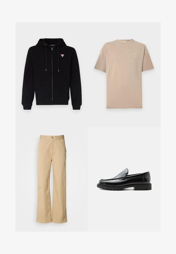 Schwarze Zip-Hoodie aus weichem Stoff, mit Kängurutasche, verstellbarem Kapuzenpulli und einem kleinen roten und weißen Logo auf der Brust.; Beiges Baumwoll-T-Shirt mit Rundhalsausschnitt, kurzen Ärmeln und dezentem, gedrucktem Branding auf der linken oberen Brust. Glatte Textur, minimalistisches Design.; Beige, weit geschnittene Hosen aus einer Baumwollmischung. Mit einem Knopfverschluss und Gürtelschlaufen. Glatte Textur mit minimalen Nähten.; Schwarzer Lederloafer mit grober Gummisohle, genähter Oberseite und geprägtem Markennamen an der Ferse, seitlich auf weißem Hintergrund gezeigt.