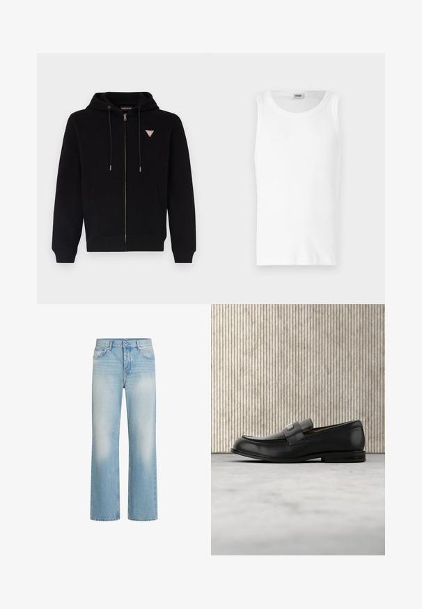 Sudadera con cremallera negra hecha de tela suave, con un bolsillo canguro, capucha con cordón, y un pequeño logo rojo y blanco en el pecho.; Camiseta sin mangas de algodón blanco con cuello redondo y una textura suave. Diseño sencillo, sin patrones ni acentos.; Jeans de mezclilla azul claro con un diseño de pierna recta, detalles de desgaste, estilo de cinco bolsillos, cierre de botón y presillas para cinturón en la cintura.; Mocasín de cuero negro con una placa metálica de marca apoyado cerca de una mesa redonda marrón sobre un suelo alfombrado beige.