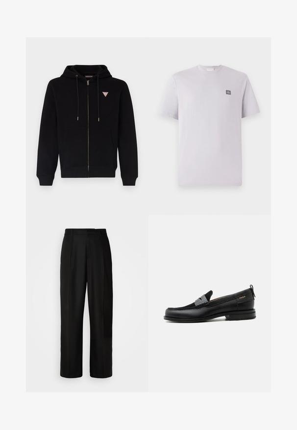 Sudadera con cremallera negra hecha de tela suave, con un bolsillo canguro, capucha con cordón, y un pequeño logo rojo y blanco en el pecho.; Camiseta de manga corta en lavanda claro, hecha de algodón, con cuello redondo y un pequeño parche de logo oscuro en el lado izquierdo del pecho. Textura suave.; Pantalones negros con corte recto, textura suave, pliegues frontales y cintura estándar. Diseño minimalista sin patrones adicionales.; Mocasín de cuero negro con detalle de tira gris, tacón bajo y suela texturizada, con la marca "HUGO" en oro en el lateral.