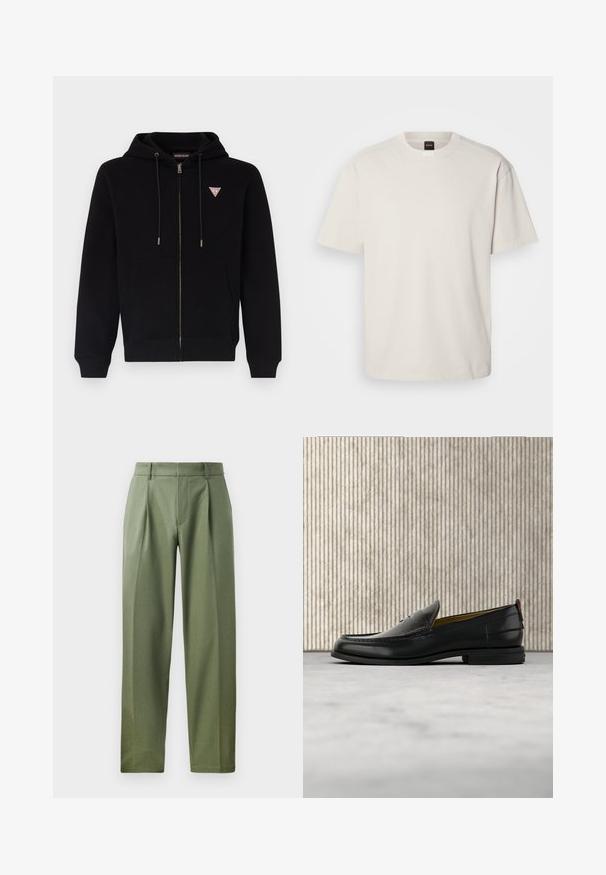 Sudadera con cremallera negra hecha de tela suave, con un bolsillo canguro, capucha con cordón, y un pequeño logo rojo y blanco en el pecho.; Camiseta de manga corta y cuello redondo en algodón color blanco roto, con un corte recto y un logo minimalista en el cuello. Textura suave, sin patrones.; Pantalones a medida en tejido verde olivo con una textura suave, que cuentan con dos pliegues frontales, trabillas para el cinturón y un diseño de pierna recta.; Mocasín de cuero negro para hombre con empeine grabado en relieve de cocodrilo y tacón bajo, mostrado de perfil sobre un fondo neutro.