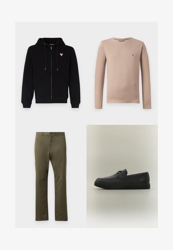 Musta tõmblukuga kapuutsiga sviiter, mis on valmistatud pehmest kangast, omab känguru taskut, reguleeritavat kapuutsi ja väikest punast ja valget logo rinnal.; Pikkade varrukatega beež puuvillane T-särk ümmarguse kaelusega ja väikese logoga, millel on sile tekstuur ja keha lähedane disain.; Oliivrohelised puuvillased püksid, sirge lõikega, ees taskutega, nööbilukuga ja siledast tekstuurist.; Must nahast vabaaja loafer, millel on paeltega detailid ja paks kummist tald, nähtav küljelt neutraalsel taustal.