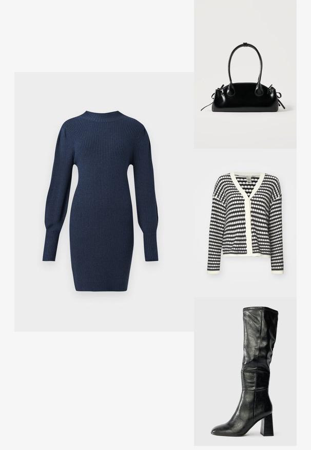 Knappet cardigan med navy og kremstriber, strikket tekstur, v-hals og ribbede ærmer. Fire knapper foran til lukning.; Marineblå ribstrikket kjole med lange ærmer, rund halsudskæring og tætsiddende silhuet, der har subtile teksturer og en længde over knæet.; Sorte læder støvler til knæene med spids tå, hævede sømme og en kraftig blokhæl. Glat tekstur og tætsiddende skaftdesign.; Lille sort blank håndtaske med to lange håndtag og snøre-detaljer i siden på en ensfarvet lys baggrund.