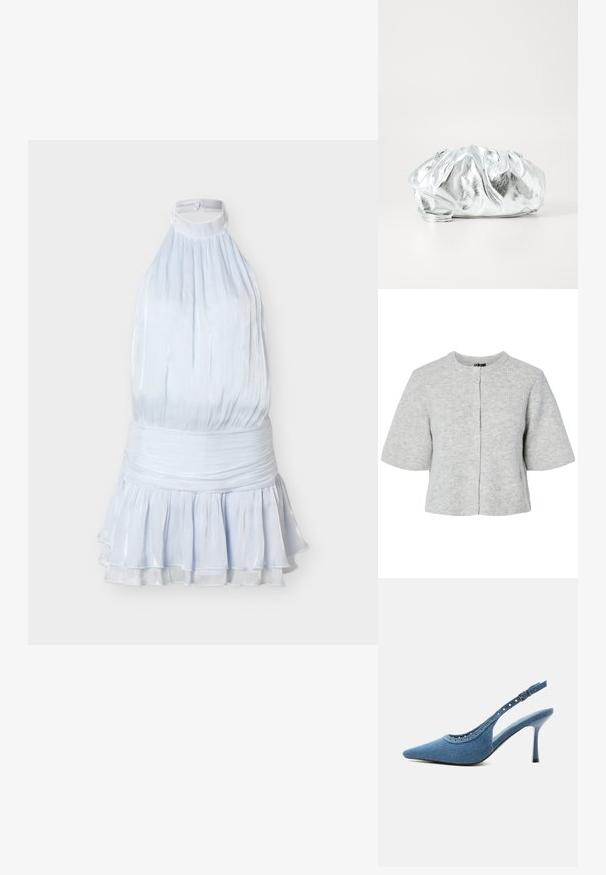 Cárdigan gris de manga corta hecho de tela acanalada con cuello redondo y cuatro botones en la parte delantera. Diseño sencillo y corto.; Vestido sin mangas azul claro con cuello halter, cinturilla fruncida y dobladillo con volantes en capas, hecho de tela brillante y plisada.; Zapato de tacón alto con puntera puntiaguda, trasera tipo slingback en denim azul con detalles de ojales plateados y correa ajustable con hebilla.; Bolso de mano plateado metálico con un cuerpo suave y fruncido y una correa de hombro delgada. Presenta una textura suave y brillante y una forma redondeada.