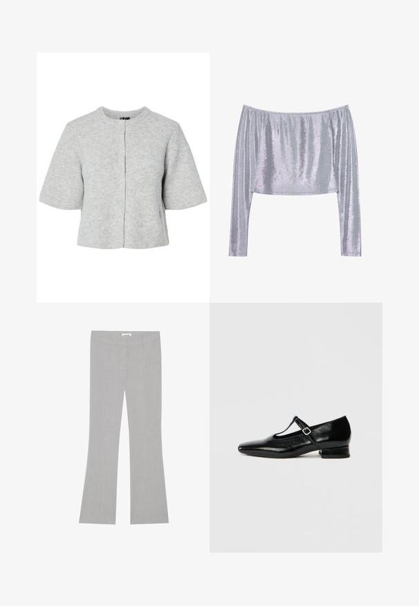 Grijze kortärmelig vest van geribbelde stof met een ronde halslijn en vier knopen aan de voorkant. Eenvoudig en kort ontwerp.; Off-the-shoulder top met lange mouwen van glanzend zilverachtige stof, met een relaxte pasvorm en een gestructureerd oppervlak met verticale strepen.; Grijze, uitlopende broeken van een textuurstof, met een ritsluiting en twee zijzakken. Geschikt gesneden en met een middelhoge taille.; Zwarte leren Mary Jane schoenen met een puntige neus, een kleine blokhak en een verstelbare riem met een zilveren gesp. Gladde, glanzende textuur.